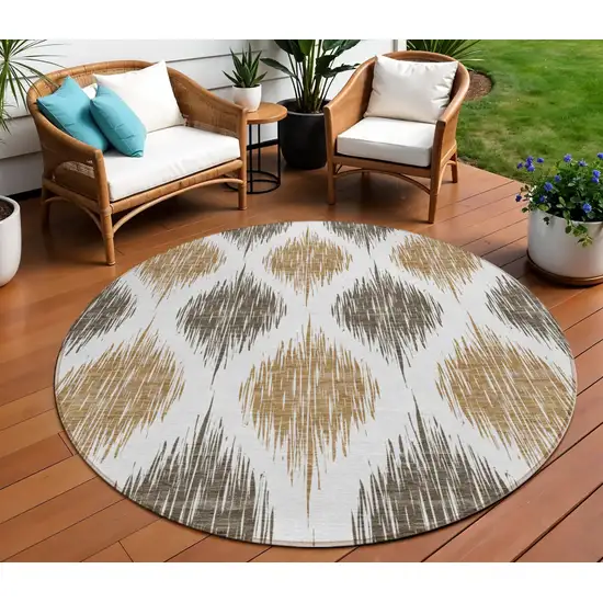 8' Chocolate And Ivory Round Ikat Washable Indoor Outdoor Area Rug Photo 1