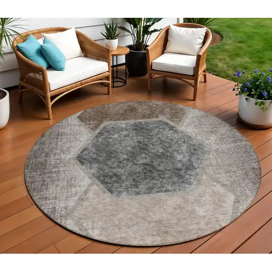 8' Chocolate And Taupe Round Geometric Washable Indoor Outdoor Area Rug Photo 1