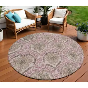 Photo of 8' Chocolate Beige And Mauve Round Medallion Washable Indoor Outdoor Area Rug