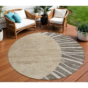 Photo of 8' Chocolate Beige And Taupe Round Abstract Washable Indoor Outdoor Area Rug