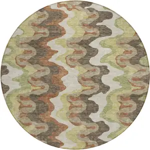 Photo of 8' Chocolate Copper And Artichoke Green Round Abstract Washable Indoor Outdoor Area Rug