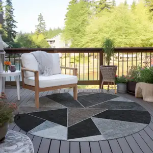 Photo of 8' Chocolate Gray And Charcoal Round Geometric Washable Indoor Outdoor Area Rug