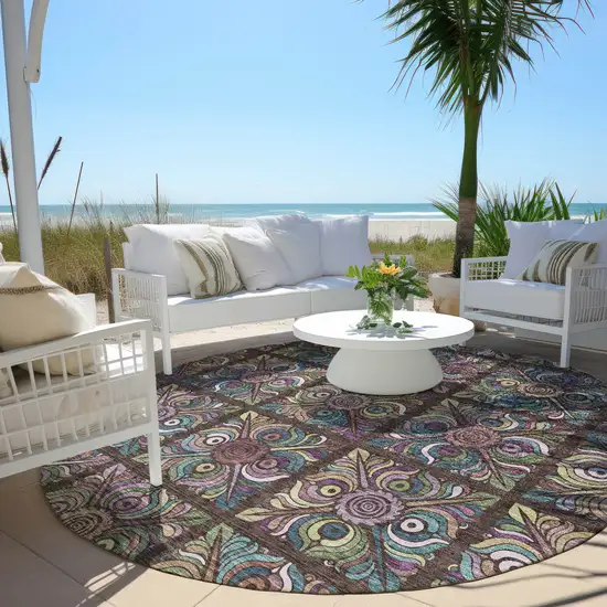 8' Chocolate Purple And Teal Blue Round Medallion Washable Indoor Outdoor Area Rug Photo 7