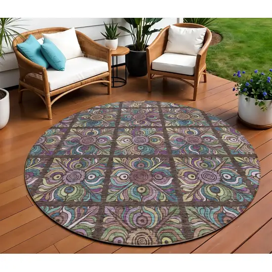 8' Chocolate Purple And Teal Blue Round Medallion Washable Indoor Outdoor Area Rug Photo 1