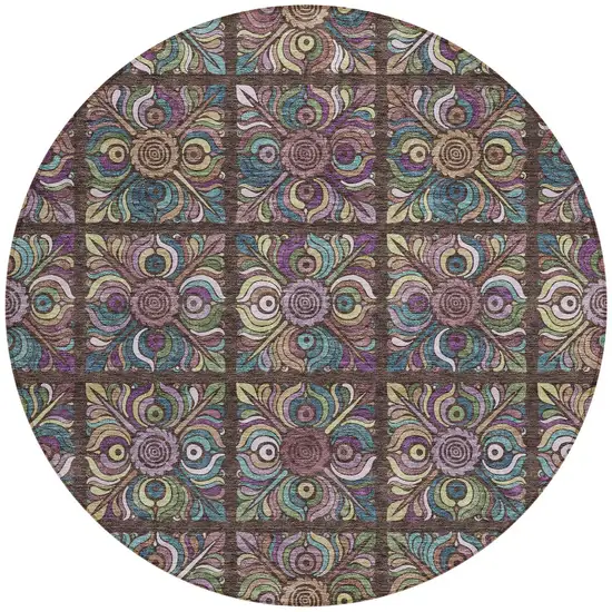 8' Chocolate Purple And Teal Blue Round Medallion Washable Indoor Outdoor Area Rug Photo 6