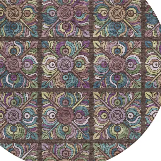 8' Chocolate Purple And Teal Blue Round Medallion Washable Indoor Outdoor Area Rug Photo 5