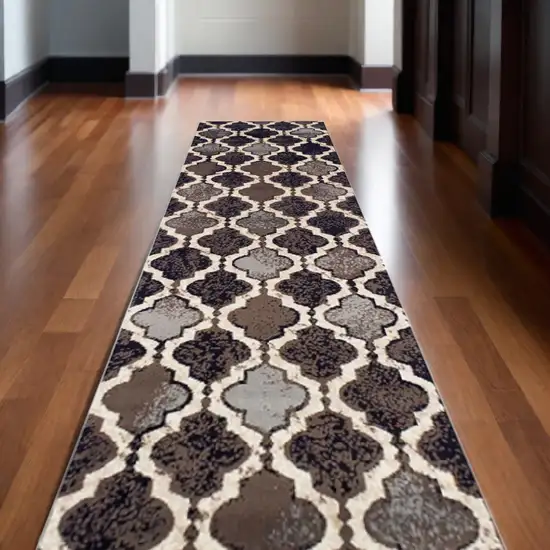 12' Chocolate Quatrefoil Power Loom Distressed Stain Resistant Runner Rug Photo 1