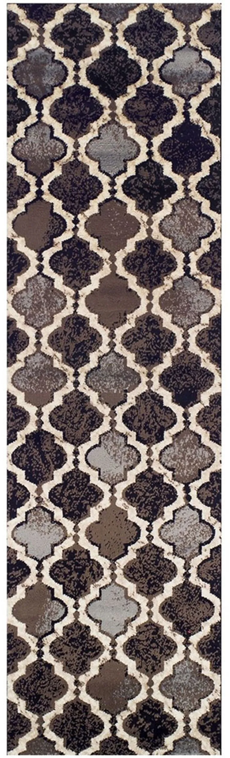 11' Chocolate Quatrefoil Power Loom Distressed Stain Resistant Runner Rug Photo 1