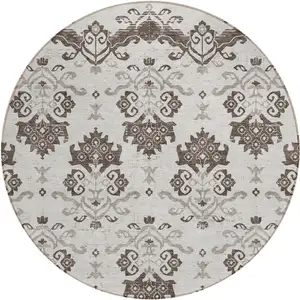 Photo of 8' Chocolate Taupe And Beige Round Oriental Washable Indoor Outdoor Area Rug