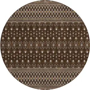 Photo of 8' Chocolate Taupe And Copper Round Tribal Washable Indoor Outdoor Area Rug