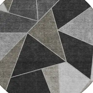 Photo of 8' Coffee Charcoal And Gray Round Geometric Washable Indoor Outdoor Area Rug