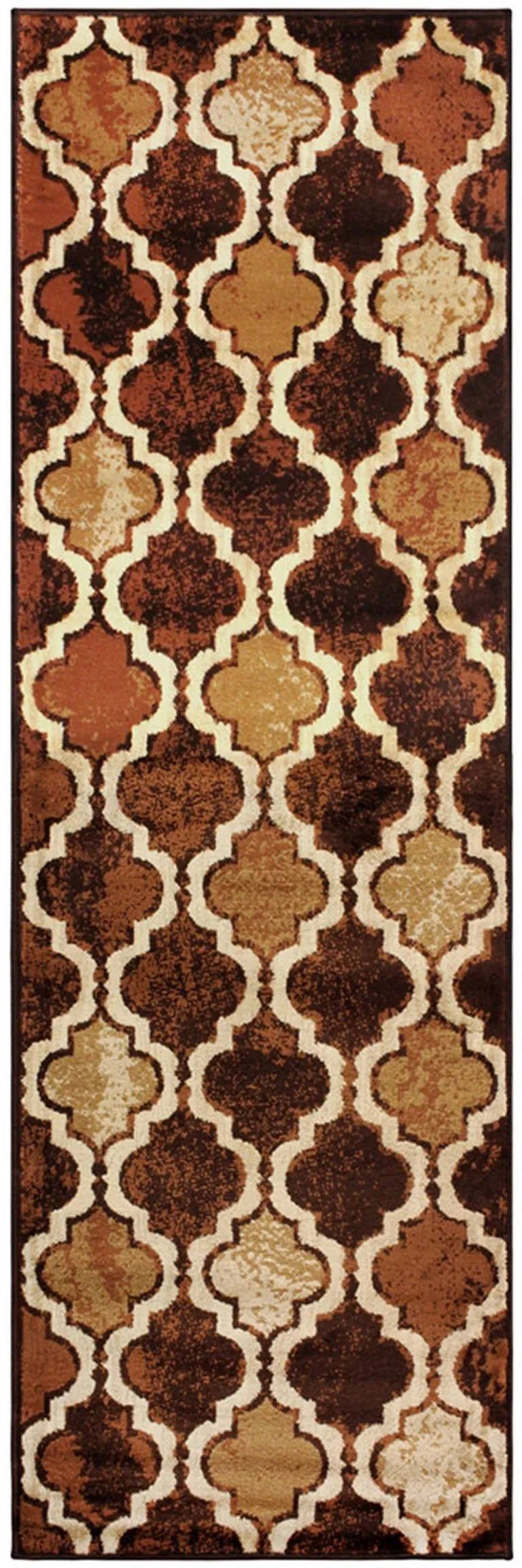 8' Coffee Quatrefoil Power Loom Distressed Stain Resistant Runner Rug Photo 1