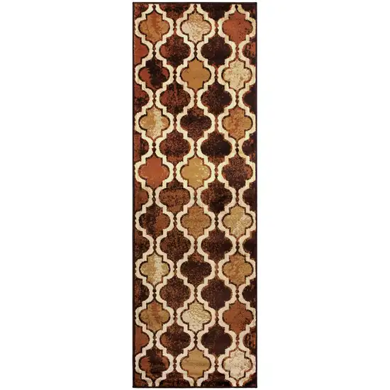 8' Coffee Quatrefoil Power Loom Distressed Stain Resistant Runner Rug Photo 1