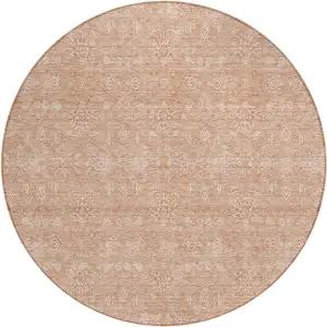 Photo of 8' Copper And Beige Round Floral Washable Indoor Outdoor Area Rug