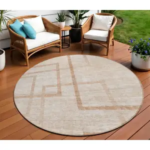 Photo of 8' Copper And Brown Round Geometric Washable Indoor Outdoor Area Rug