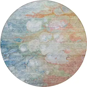 Photo of 8' Copper Blue And Artichoke Green Round Abstract Washable Indoor Outdoor Area Rug