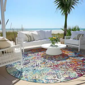 Photo of 8' Copper Blue And Red Round Geometric Washable Indoor Outdoor Area Rug