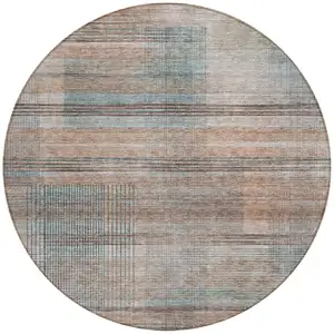 Photo of 8' Copper Gray And Blue Round Striped Washable Indoor Outdoor Area Rug