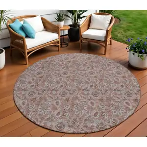 Photo of 8' Copper Gray And Silver Round Floral Washable Indoor Outdoor Area Rug