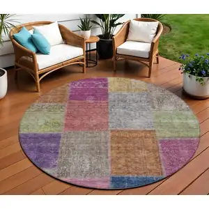 Photo of 8' Copper Navy Blue And Gold Round Patchwork Washable Indoor Outdoor Area Rug