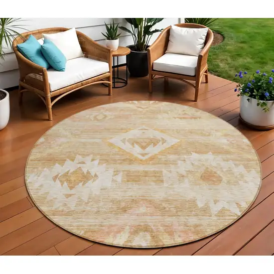 8' Copper Terra Cotta And Ivory Round Southwestern Washable Indoor Outdoor Area Rug Photo 1