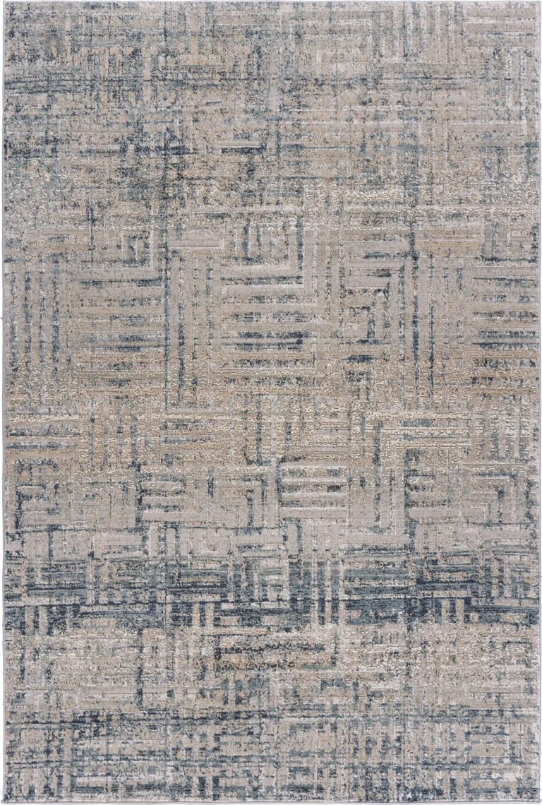 8' Cream Blue And Ivory Geometric Distressed Runner Rug Photo 1