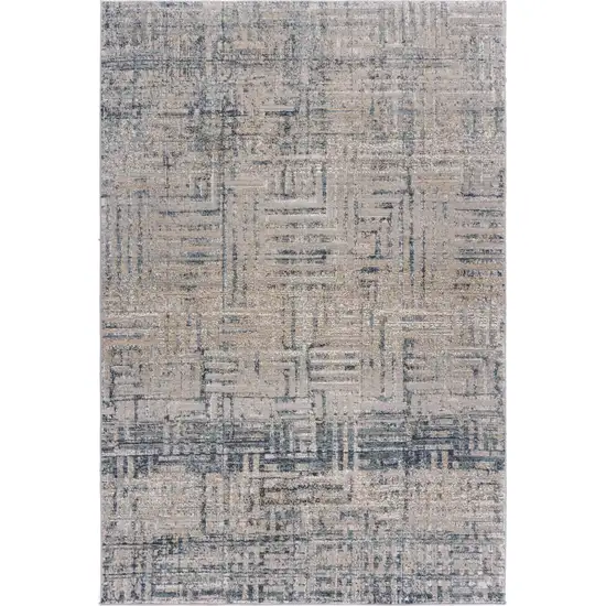 8' Cream Blue And Ivory Geometric Distressed Runner Rug Photo 1