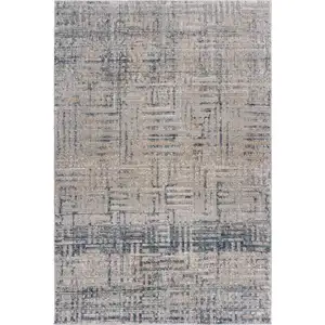 Photo of 8' Cream Blue And Ivory Geometric Distressed Runner Rug