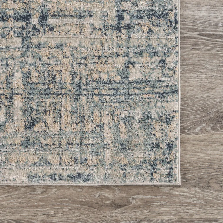 8' Cream Blue And Ivory Geometric Distressed Runner Rug Photo 3