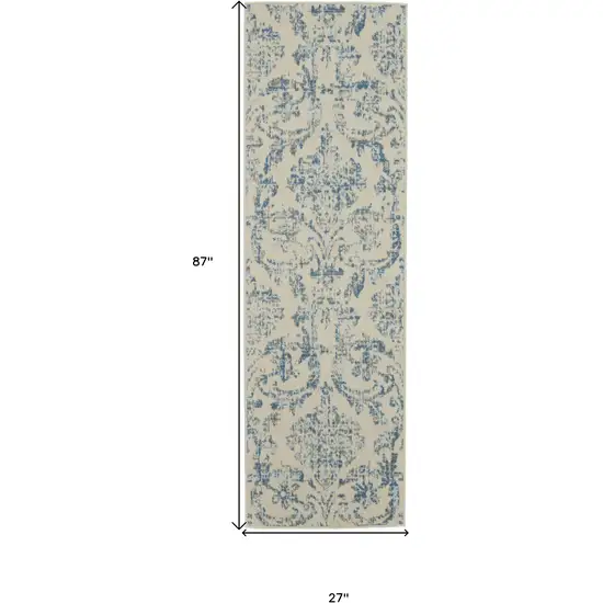 7' Cream Damask Power Loom Runner Rug Photo 5