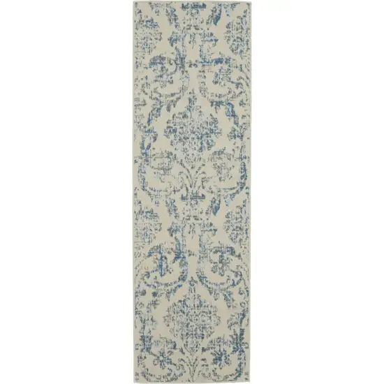 7' Cream Damask Power Loom Runner Rug Photo 2