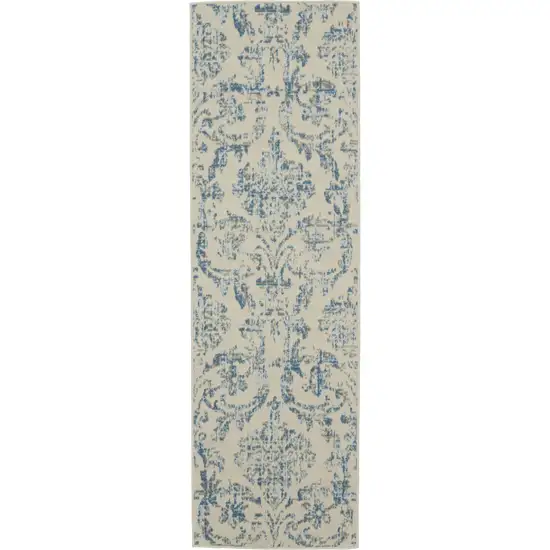 7' Cream Damask Power Loom Runner Rug Photo 4