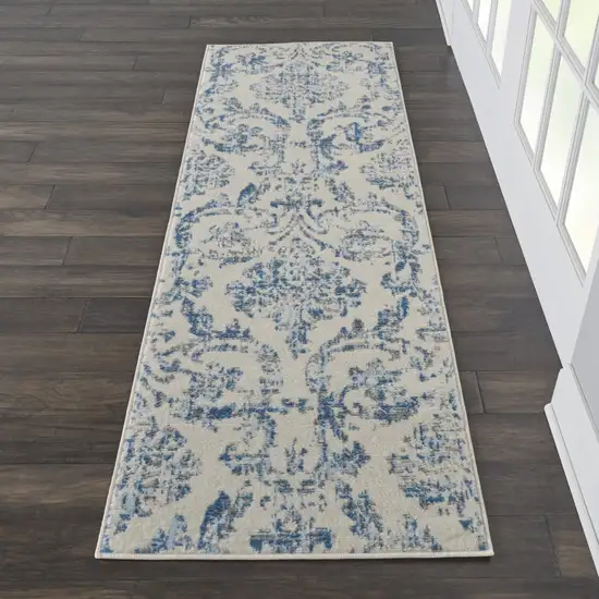 7' Cream Damask Power Loom Runner Rug Photo 4