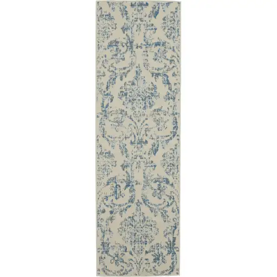 7' Cream Damask Power Loom Runner Rug Photo 1