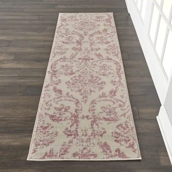 7' Cream Damask Power Loom Runner Rug Photo 7