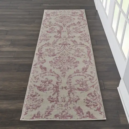 7' Cream Damask Power Loom Runner Rug Photo 5