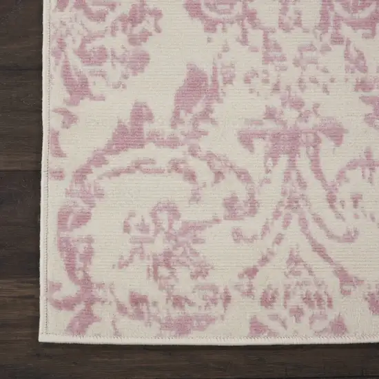 7' Cream Damask Power Loom Runner Rug Photo 3