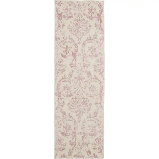 7' Cream Damask Power Loom Runner Rug Photo 2