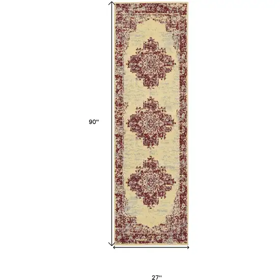 8' Cream Damask Power Loom Runner Rug Photo 7