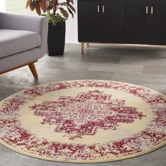 5' Cream Gray and Red Medallion Distressed Non Skid Round Rug Photo 8