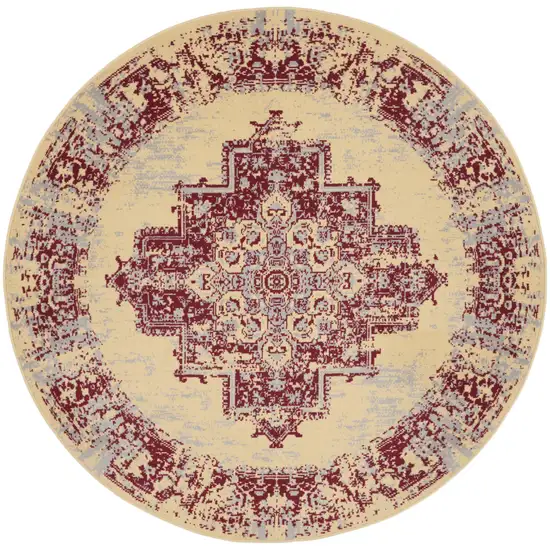 5' Cream Gray and Red Medallion Distressed Non Skid Round Rug Photo 2