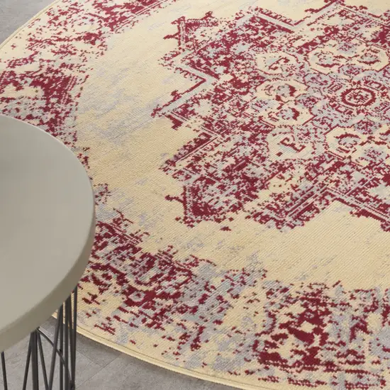 5' Cream Gray and Red Medallion Distressed Non Skid Round Rug Photo 9