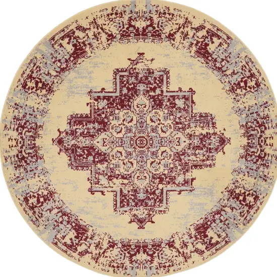 5' Cream Gray and Red Medallion Distressed Non Skid Round Rug Photo 7