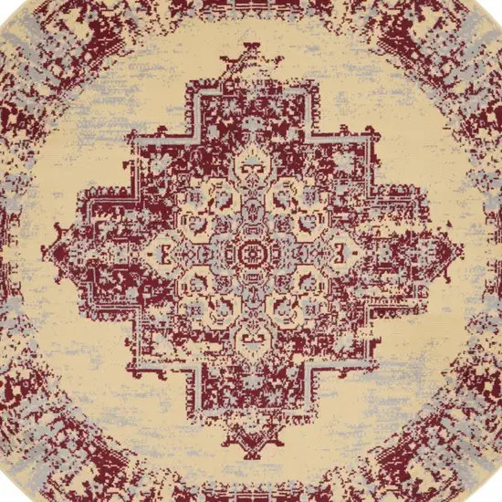 5' Cream Gray and Red Medallion Distressed Non Skid Round Rug Photo 6