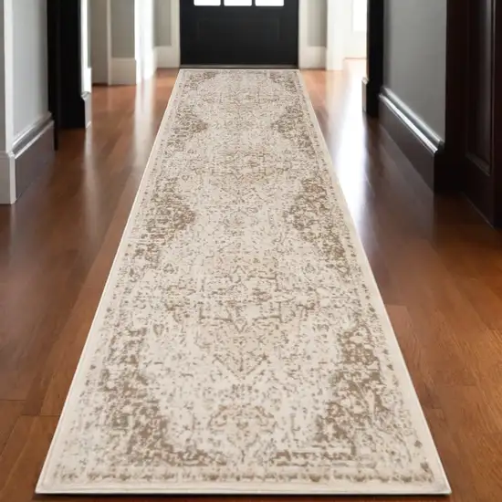 10' Gray and Light Cream Medallion Power Loom Runner Rug Photo 1