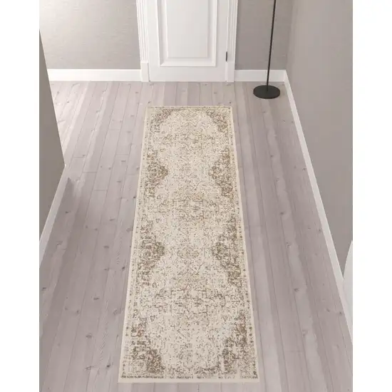 10' Cream Medallion Power Loom Runner Rug Photo 2