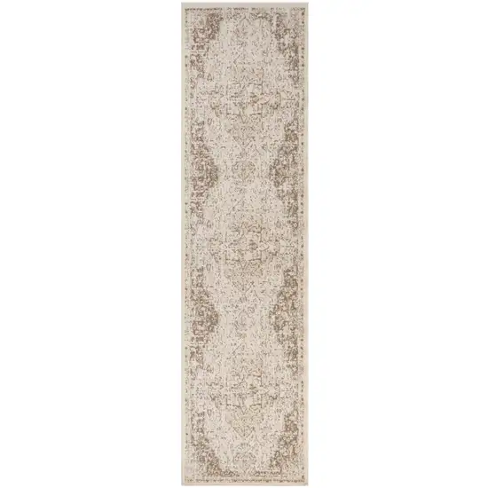 10' Cream Medallion Power Loom Runner Rug Photo 1