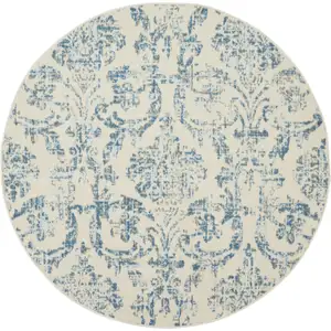 Photo of 5' Cream Round Damask Power Loom Area Rug