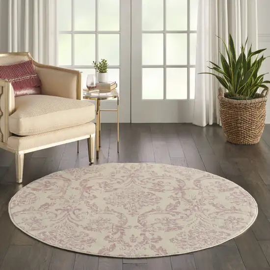 5' Cream Round Damask Power Loom Area Rug Photo 8