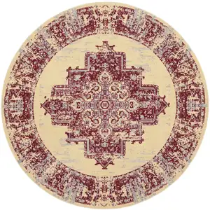 Photo of 8' Cream Round Damask Power Loom Area Rug